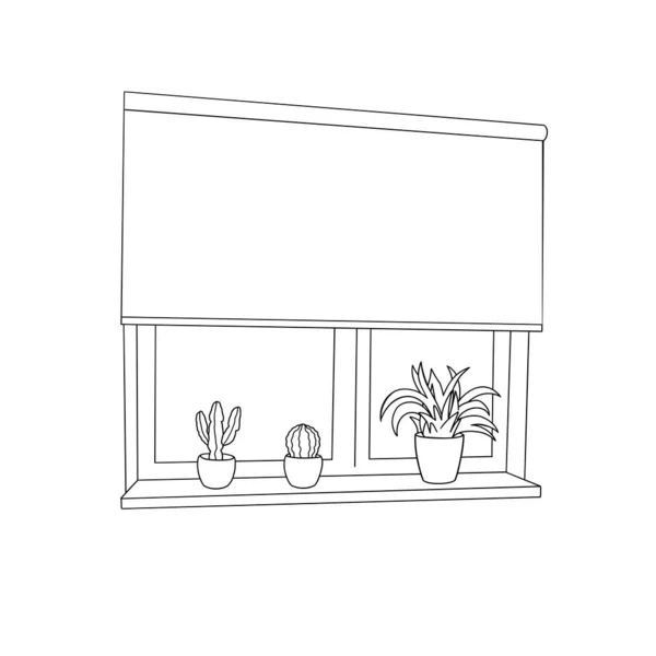 Jendela Dengan Tirai Pemadaman Rol Dan Pot Tanaman Jendela Desain - Stok Vektor