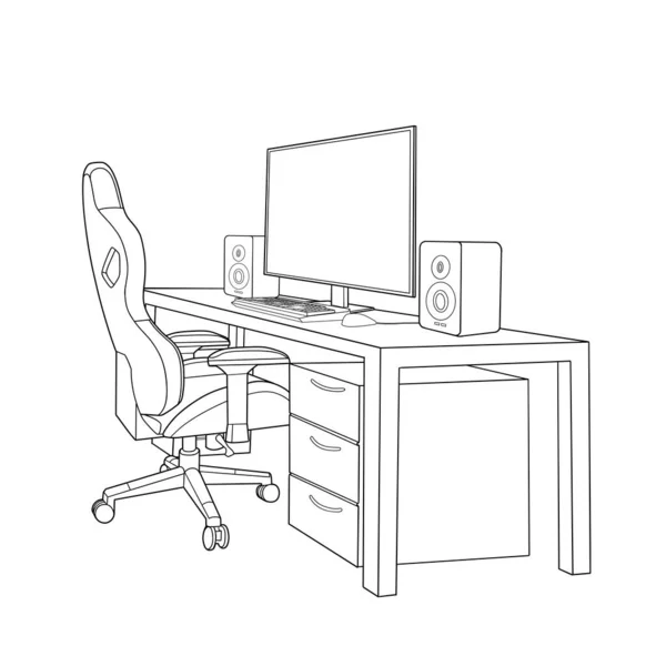 电脑装置由显示器 两个扬声器 鼠标和键盘组成 桌上有游戏椅和上面的书架 在白色背景上孤立的矢量设计 — 图库矢量图片