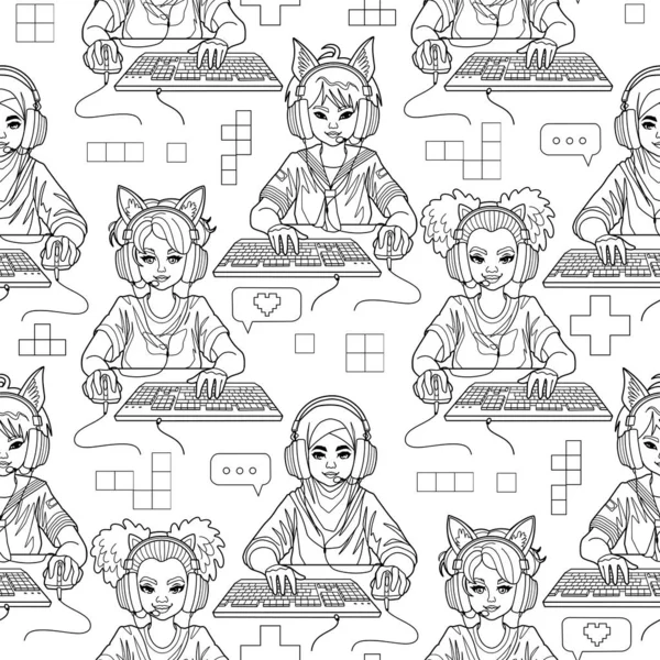 猫耳ヘッドセットを持つ多様な女の子のゲーマーやストリーマーの抽象的なシームレスなパターンは 彼らのマウスやキーボードでコンピュータの前に座っています ベクトル繰り返しデザイン — ストックベクタ
