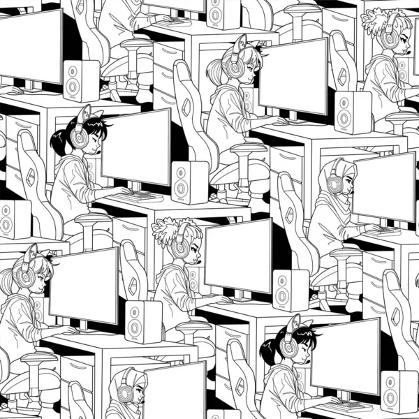 Abstract Seamless Pattern Diverse Girls Gamers Streamers Sits Front Computers —  Vetores de Stock