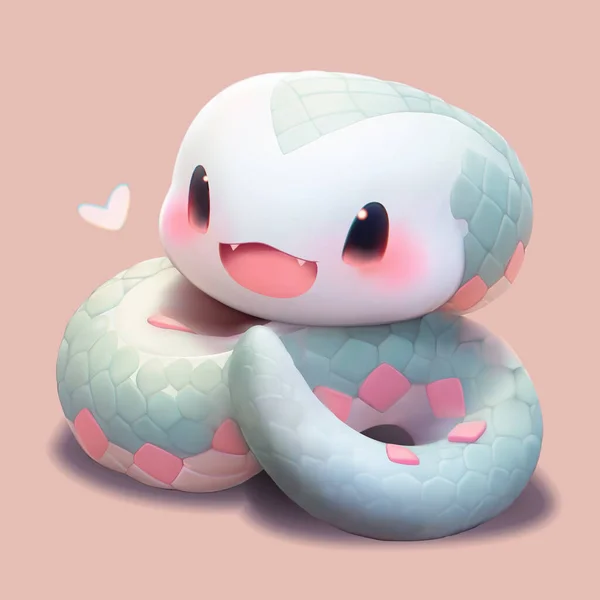 可爱的小蛇 有着善良的笑脸和大大的眼睛 用漫画3D网状图案画出的矢量宠物图解 在粉色背景上孤立 — 图库矢量图片