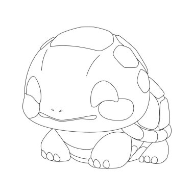 Sevimli küçük kaplumbağa, gülen bir yüzü ve büyük gözleri var. Basit bir grafik taslak biçiminde çizilmiş vektör hayvan illüstrasyonu. Renklendirme kitabı sayfa tasarımı