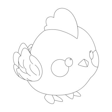 Gülümseyen bir yüzü ve büyük gözleri olan sevimli küçük bir tavuk. Basit bir grafik taslak biçiminde çizilmiş vektör hayvan illüstrasyonu. Renklendirme kitabı sayfa tasarımı