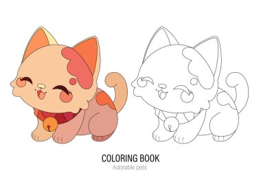 Gülümseyen bir yüzü ve kocaman gözleri olan sevimli bir kedicik. Basit bir grafik çizgisi sanat tarzıyla çizilmiş vektör hayvan çizimi. Çizgi ve renkli sürümlerle renklendirme kitabı tasarımı