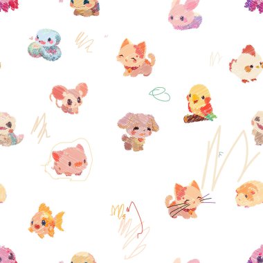 Gülümseyen yüzleri ve büyük gözleri olan sevimli, küçük hayvanlar. Çocuksu bir kuluçka tarzında çizilmiş tekrarlanan kusursuz desen