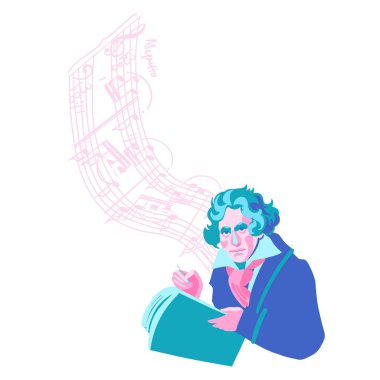 Ludwig van Beethoven. Son yüzyılların ünlü Alman besteci ve piyanistinin karikatür tarzında stilize edilmiş portresi. Vektör illüstrasyonu beyaz arkaplanda izole edildi