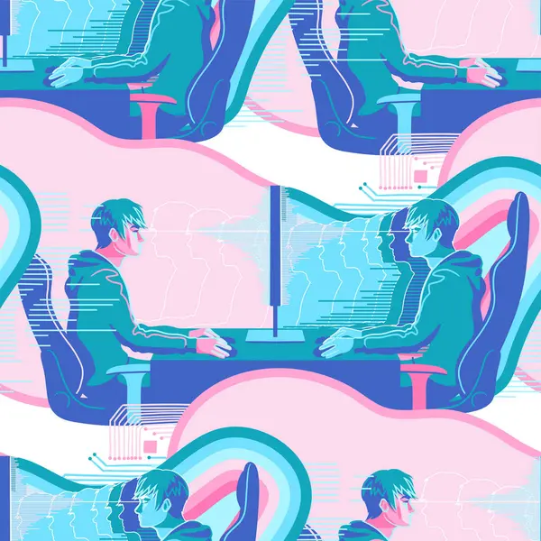 Zwei Typen Die Durch Den Computerbildschirm Voneinander Getrennt Sitzen Vektor — Stockvektor