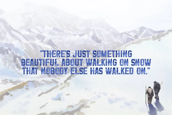 Мотивационная Цитата Перед Сценой Пещерных Людей Идущих Снежному Горному Ландшафту — стоковое фото