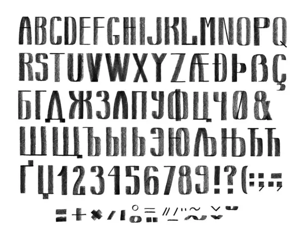 扁平铅笔手写字体 拉丁文和西里尔字母及数字在白色背景上隔离 — 图库照片