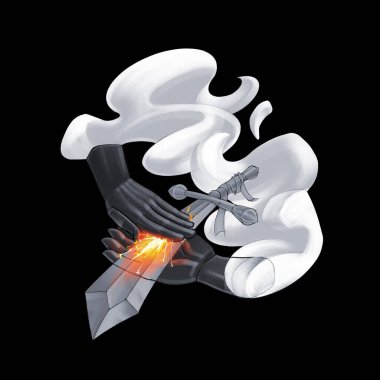 Kılıç, sihirli el şekilli bileme taşlarıyla keskinleştiriliyor. Gri renkli kavramsal fantezi illüstrasyonu