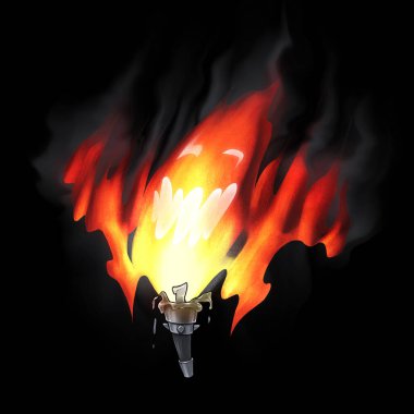 Flaming living torch with dramatic hand-shaped flames, crazy smiling face and smoky background clipart