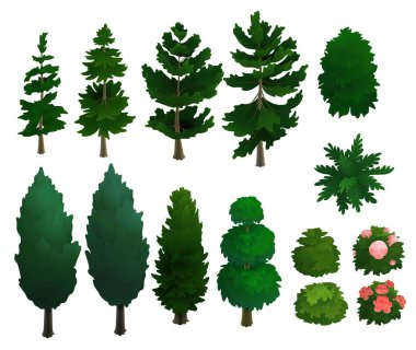 İzole edilmiş ağaçlar, beyaz arka planda çiçekli çalılar. Özellikler yemyeşil, yeşillik ve çiçek açar. Mobil oyunlar veya dijital varlıklar için temiz, minimal tasarım