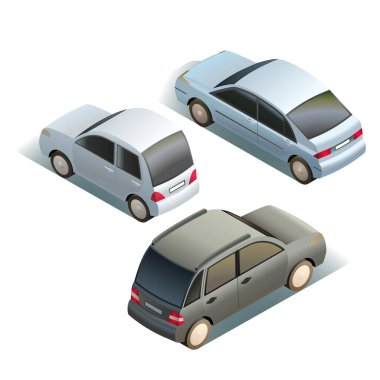 Beyaz arka planda üç ayrı arabanın Isometric çizimi. Temiz, minimal tasarım, mobil oyunlar veya ulaşım temalı dijital varlıklar için ideal.