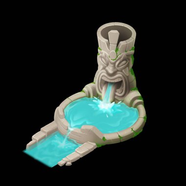 Ağzından yuvarlak bir havzaya ve sonra da nehre akan su ile eski bir tiki kafası şeklinde bir çeşme. Siyah bir arkaplanda izole edilmiş sıradan bir oyun tarzında dijital olarak çizilmiş tasarım.