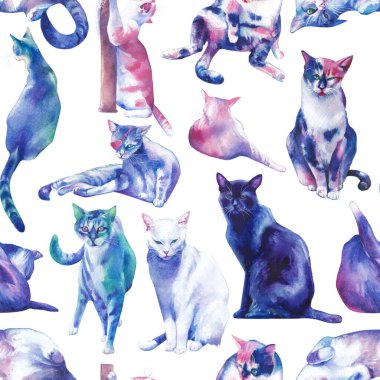 Çeşitli pozlarda ve farklı ifadelerle suluboya sokak kedileri. Elle boyanmış, tekrar eden pürüzsüz bir desen.