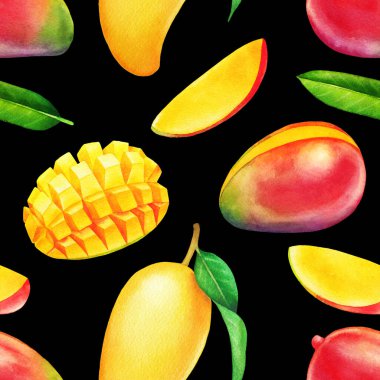 Suluboya mango meyveleri ve yaprakları. Elle boyanmış tekrarlanan pürüzsüz desen
