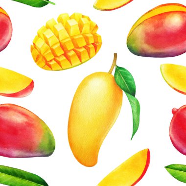 Suluboya mango meyveleri ve yaprakları. Elle boyanmış tekrarlanan pürüzsüz desen