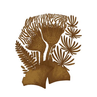 Tarih öncesi bitkilerin bir taşın içindeki fosiller gibi bileşimi. Beyaz arkaplanda izole edilmiş dijital çizim tasarımı