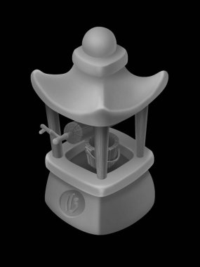 İzometrik projeksiyonda geleneksel mimari elementlerle iyi biçimlendirilmiş Asyalı. Siyah arkaplanda izole edilmiş mobil oyunlar ve uygulamalar için 2d tasarım