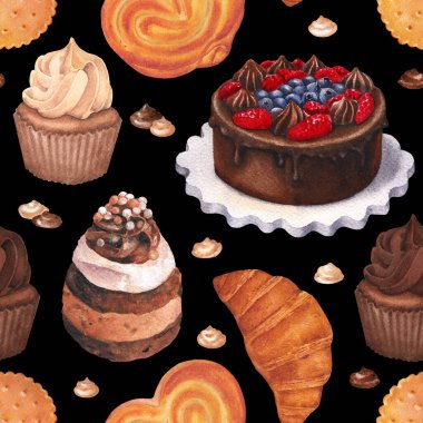 Pastalar, kekler, çörekler, çörekler ve şekerler gibi çeşitli pastaların kusursuz suluboya desenleri. El boyaması tekrarlayan şekerleme temalı tasarım.