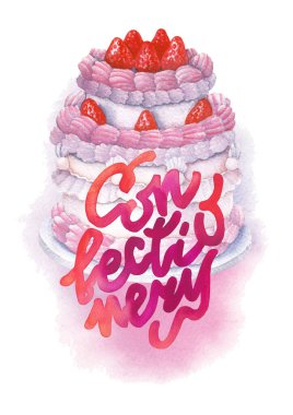 İki katlı tatlı suluboya pasta krema ve çilekle süslenmiş beyaz ve pembe renkli ve el yazısıyla yazılmış. Elle boyanmış suluboya şekerleme temalı resimleme.