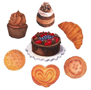 Pasta, kek, çörek, kurabiye, kruvasan ve turta gibi çeşitli hamur işleri suluboya koleksiyonları. Beyaz arka planda izole edilmiş elle boyanmış tasarım elementleri