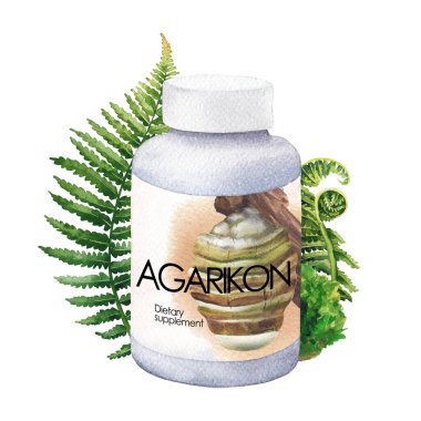 Gerçekçi suluboya plastik şişe Agarikon mantar takviyesi eğreltiotu yaprakları ve yosunlarla süslenmiş. El yapımı tasarım beyaz bir arkaplanda izole edilmiş.