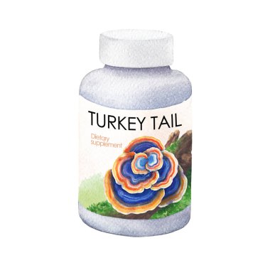 Gerçekçi suluboya plastik şişe hindi kuyruğu mantar takviyesi. El yapımı tasarım beyaz bir arkaplanda izole edilmiş.