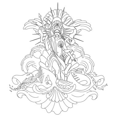 Amphitrite, Yunan deniz tanrıçası okyanus tahtına oturdu. Vektör deniz çizimi. Yetişkinler ve çocuklar için boyama kitabı tasarımı