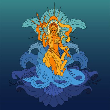 Amphitrite, Yunan deniz tanrıçası okyanus tahtına oturdu. Mavi ve turuncu renkte vektör deniz çizimi.