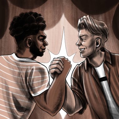 Farklı ırktan iki adam güçlü bir tokalaşmayı paylaşıyor. Dostluğu, çeşitliliği ve dayanışmayı sembolize eden sıcak tonlu, anlamlı bir illüstrasyon..