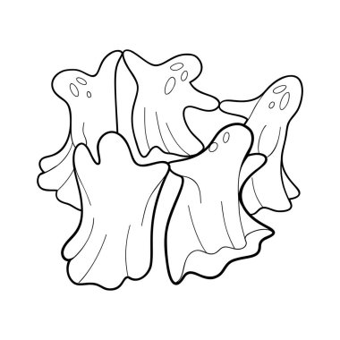 Beyaz bir arka planda izole bir şekilde dans eden çizgi film hayaletlerinin cadılar bayramı döngüsünün vektör çizimi. Cadılar Bayramı boyama kitabı tasarımı