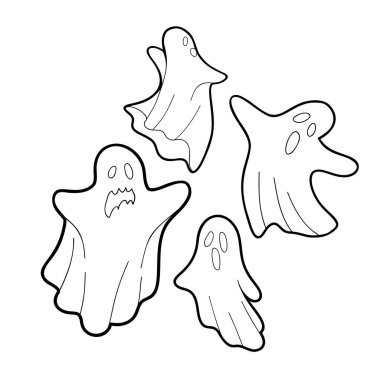 Beyaz arka planda izole edilmiş dört komik ve ürkütücü karikatür hayaletinin vektör çizimi. Cadılar Bayramı boyama kitabı tasarımı