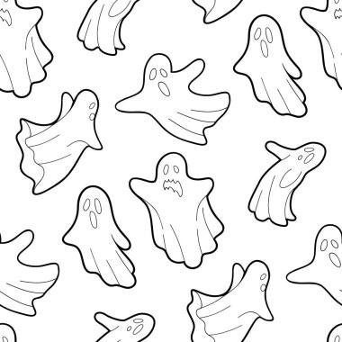 Beyaz arka planda komik, ürkütücü çizgi film hayaletlerinin vektör Cadılar Bayramı tasarımı. Tekrarlanan kusursuz desen