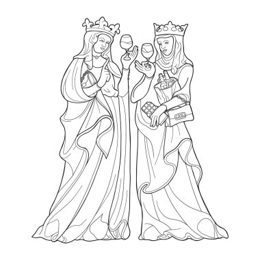 Modern stil hanımları, ortaçağ kraliçeleri, vektör, şarap ve çikolatayı birlikte seven kızlar gibi dedikodu yapan grafiksel bir tasvir. Renklendirme kitabı sayfa tasarımı