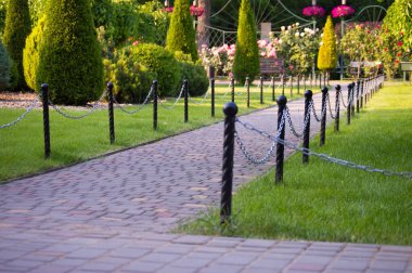 Bahçede çalılar ve çiçekler olan dekoratif çitler, yakın plan.