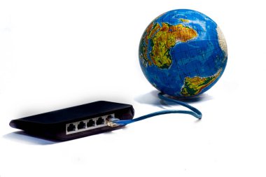 World wide web ethernet cable connected internet to the planet from router on the white background