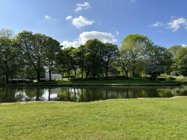 Parkland, büyük bir göl ve eski ağaçlar, mavi gökyüzüne karşı kurulmuş, baharda Harold Park, Wyke, İngiltere