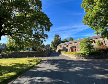 Yukarı bakıyorum, Hallgate Tepesi, eski ağaçlar, evler ve bitkilerle, güneşli bir günde, Newton, Clitheroe, İngiltere