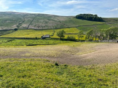 Yorkshire Dales manzarası, geniş tarlaları ve yakınlarındaki tepeleri, Beggarmans Yolu, Scaur Head, Hawes, İngiltere