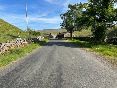 Yorkshire Dales sahnesi, yol bir Hamlet 'e yaklaşırken kuru taş duvarlar, eski ağaçlar ve taştan kulübeler, Oughtershaw, İngiltere' de.