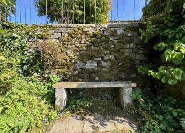 Kırsal taştan bir bank, yemyeşil yapraklarla çevrili yosun kaplı tuğla bir duvara karşı oturur. Güneş ışığı ağaçların arasından süzülüyor, yere yumuşak gölgeler bırakıyor, Cam Lane, Elslack, İngiltere