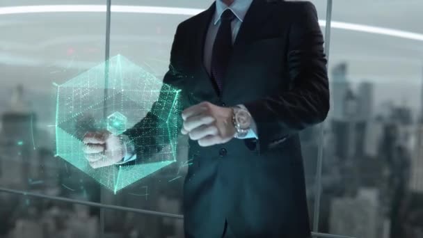 Empresário Com Conceito Holograma Transformação Negócios — Vídeo de Stock