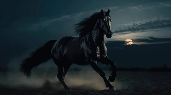 Ένα Μαύρο Επικάλυψη Friesian Άλογο Ανεβαίνει Ένα Μικρό Χορταστικό Βράχο — Φωτογραφία Αρχείου
