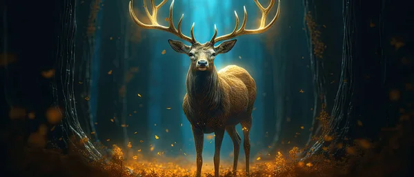 Art Magical Forest Deer Big Golden Horns She Stands Clearing — Stock Photo, Image