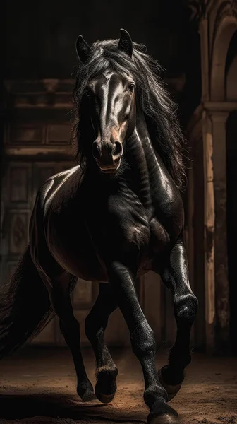 Cavalo Frísio Revestido Preto Surge Pequeno Penhasco Gramado Vento Noite — Fotografia de Stock