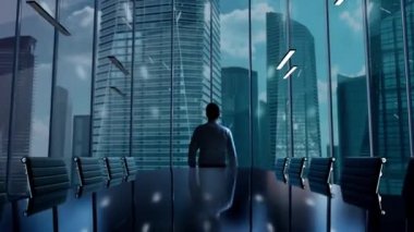 Genç iş adamı panoramik bulanık şehir görüşü ve parıldayan iş hologramıyla ofiste. Gelecek, iletişim, veri ve dijital dönüşüm kavramı