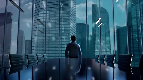 Ung Forretningsmand Kontor Med Panoramisk Sløret Byudsigt Glødende Business Hologram – Stock-video