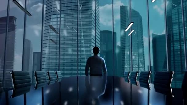 Nuori Liikemies Toimistossa Panoraamanäkymät Hämärä Kaupunkiin Hehkuva Liike Hologrammi Tulevaisuus — kuvapankkivideo
