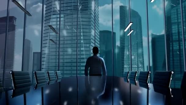 Tânăr Afaceri Birou Vedere Panoramică Încețoșată Oraș Hologramă Afaceri Strălucitoare — Videoclip de stoc